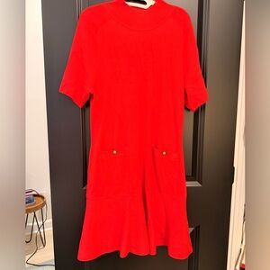 Red Short-Sleeve Knit Dress with Patch Pockets